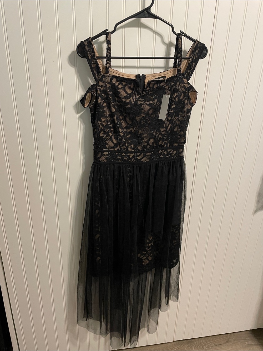 Black Lace High-Low Evening Dress with Nude Lining